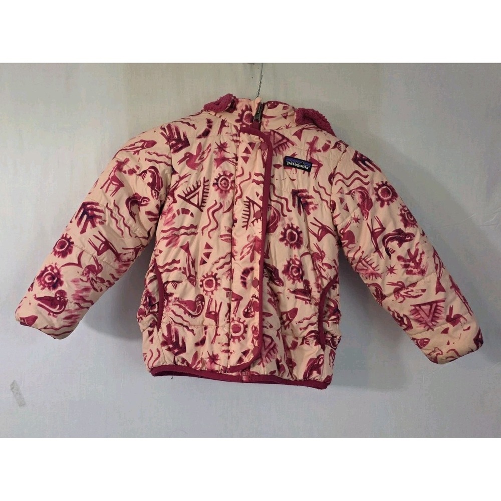 Patagonia Girls 5T Puffer Reversable Coat Pink Heiroglyphs Removable Hood